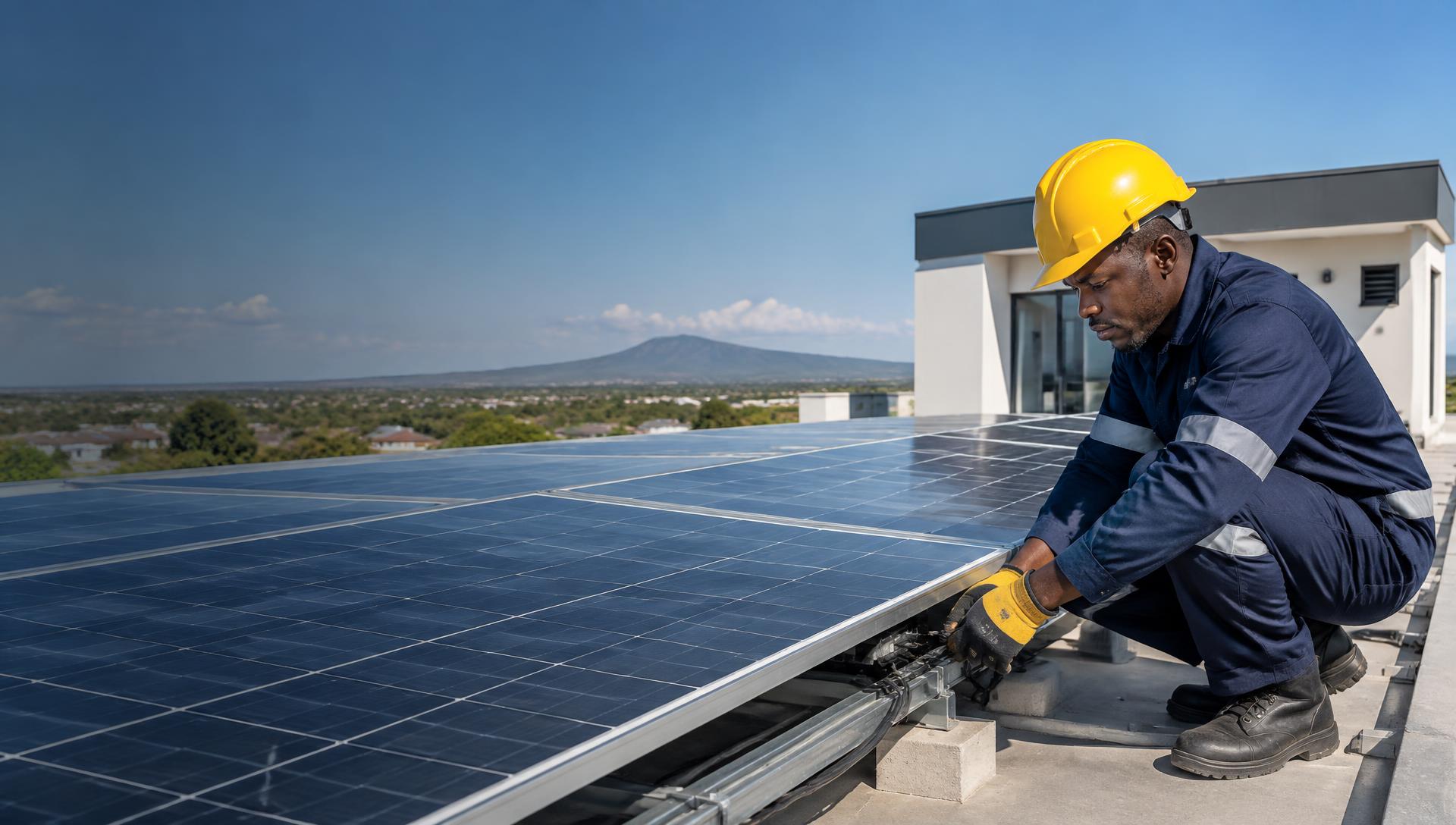 Engineer installing rooftop solar panels in Kenya